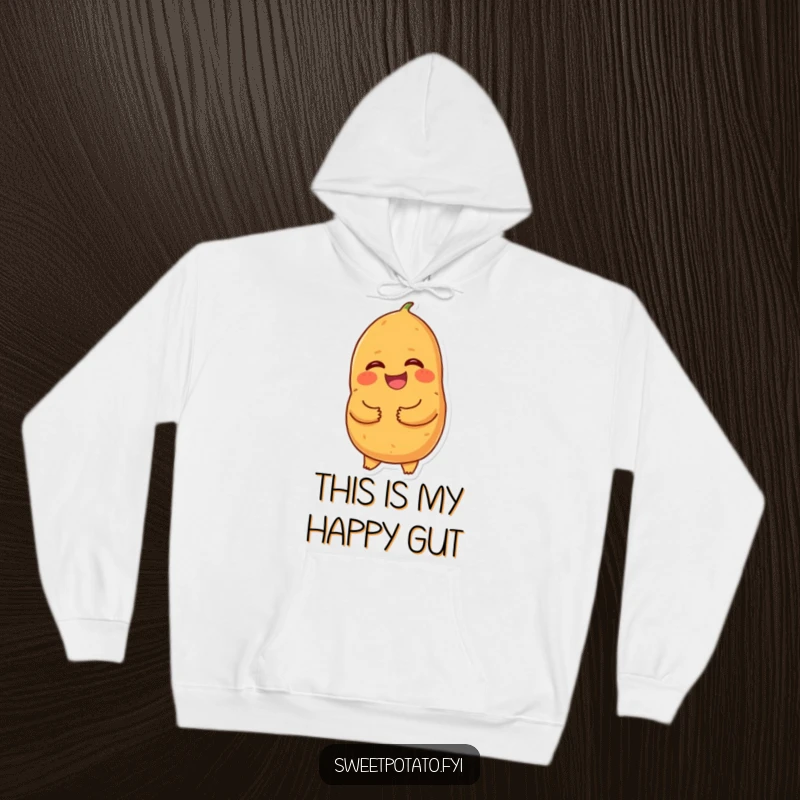Funny giggling sweet potato hoodie, a warm garment featuring a cartoon sweet potato holding its tummy and laughing, perfect for comfort and humor.