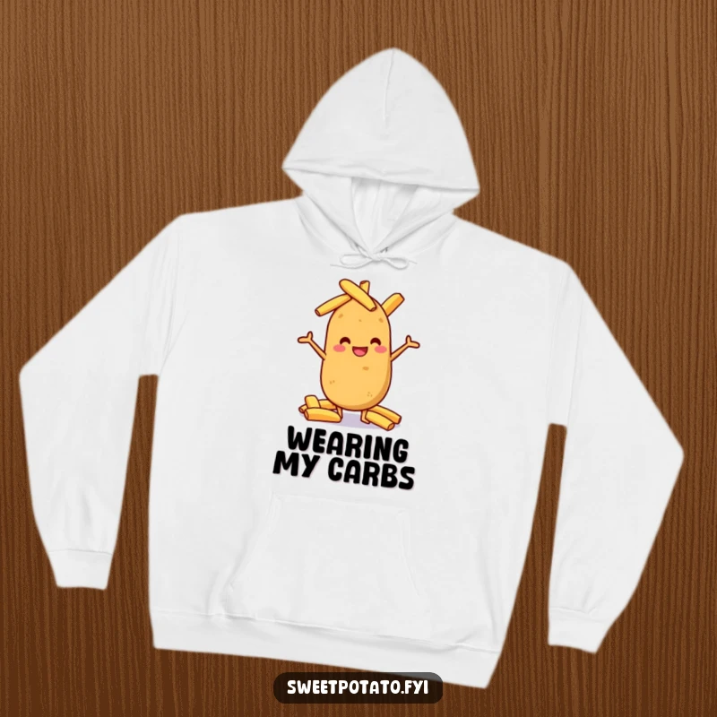 Funny sweet potato wearing a hoodie, grinning while balancing potato wedges, cozy and humorous apparel.
