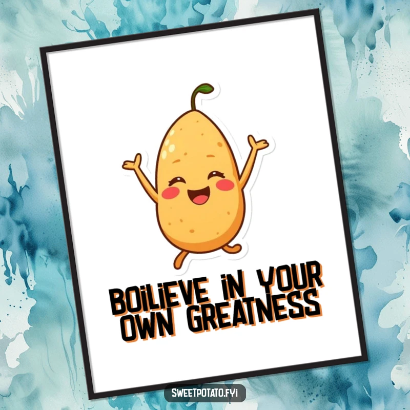 Funny free printable wall art of a sweet potato character enthusiastically performing a silly, joyful jump in mid-air.