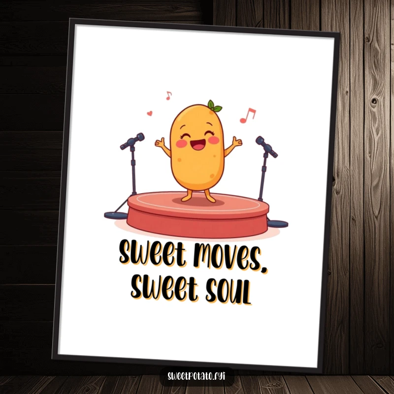 Funny Free Printable Wall Art: A happy sweet potato character enthusiastically performing a joyful jig on a tiny stage.