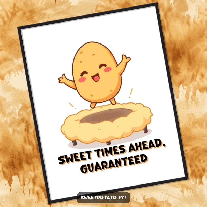 Funny Free Printable Sweet Potato Wall Art: A tickled sweet potato character bouncing on a mashed potato trampoline, creating quirky decor.