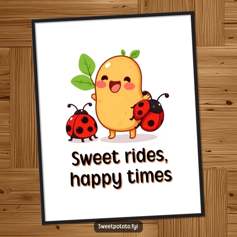Funny Free Printable Sweet Potato Wall Art: a sweet potato character excitedly attempts to ride a ladybug, creating a comical scene.