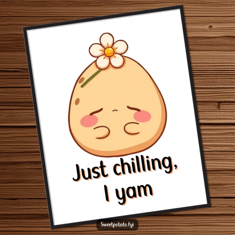 Funny Free Printable Wall Art of a blissfully napping sweet potato character resting soundly under a miniature flower.