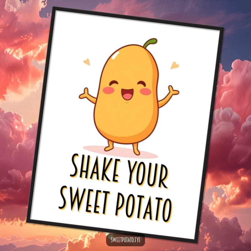 Funny Free Printable Wall Art: A sweet potato character is captured in a dynamic happy dance, spreading joy and vibrant energy.