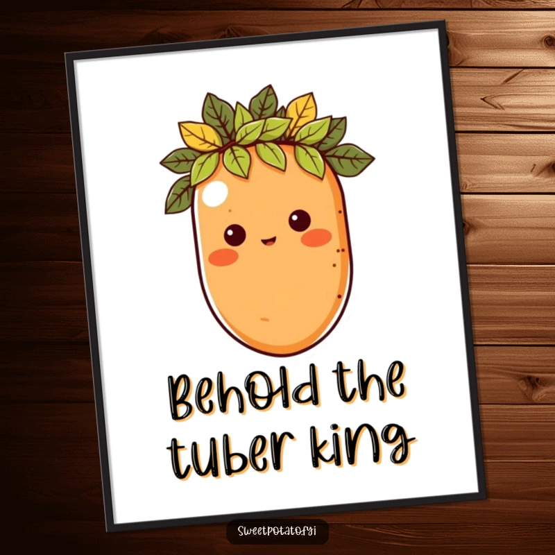 Funny Free Printable Wall Art: A sweet potato character wears an intricate crown of leaves, exuding a playful sense of royalty.