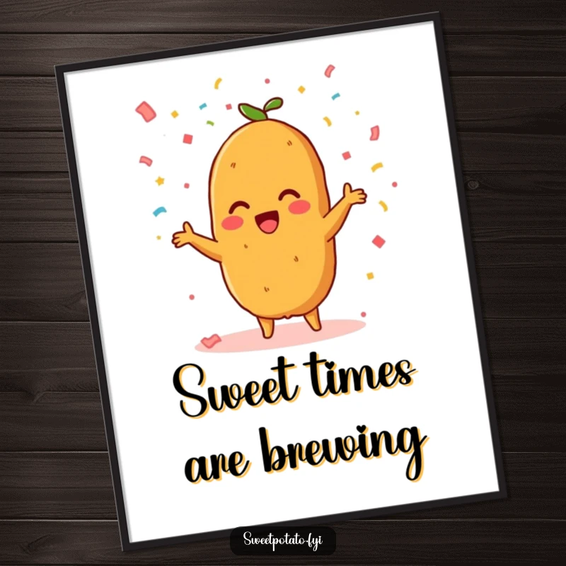 Funny Free Printable Wall Art: A smiling sweet potato character exuberantly throws a cascade of confetti.