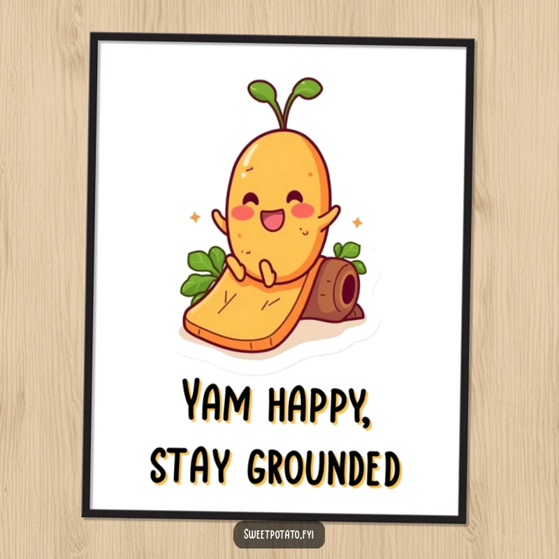Funny Free Printable Wall Art: A cheerful sweet potato character is captured mid-slide down a giant yam.