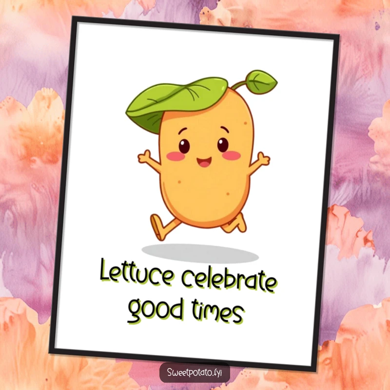 Funny Free Printable Wall Art depicting a sweet potato character happily skipping while sporting a charming leaf hat. Fun decor.