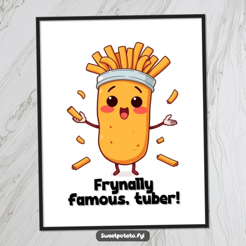 Funny Free Printable Wall Art: Captures a surprised sweet potato character attempting to juggle a mountain of crispy sweet potato fries.