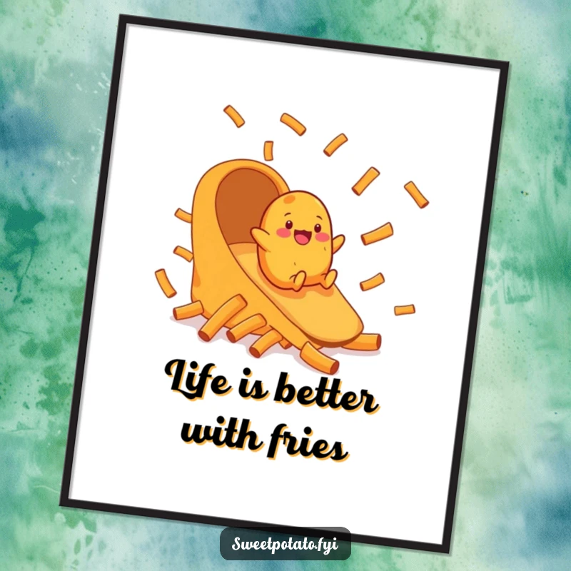 Funny Free Printable Wall Art: A cheerful sweet potato slides down a chute made entirely of sweet potato fries.