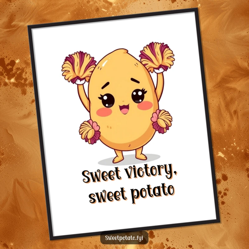 Funny Free Printable Wall Art: A determined sweet potato character cheering with pom-poms, full of motivational spirit and humor for your walls.