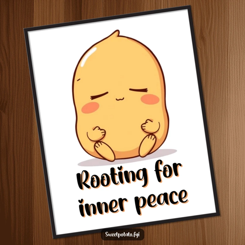 Funny Free Printable Wall Art: A sweet potato character meditating peacefully with eyes closed, radiating calm and humor for serene decor.