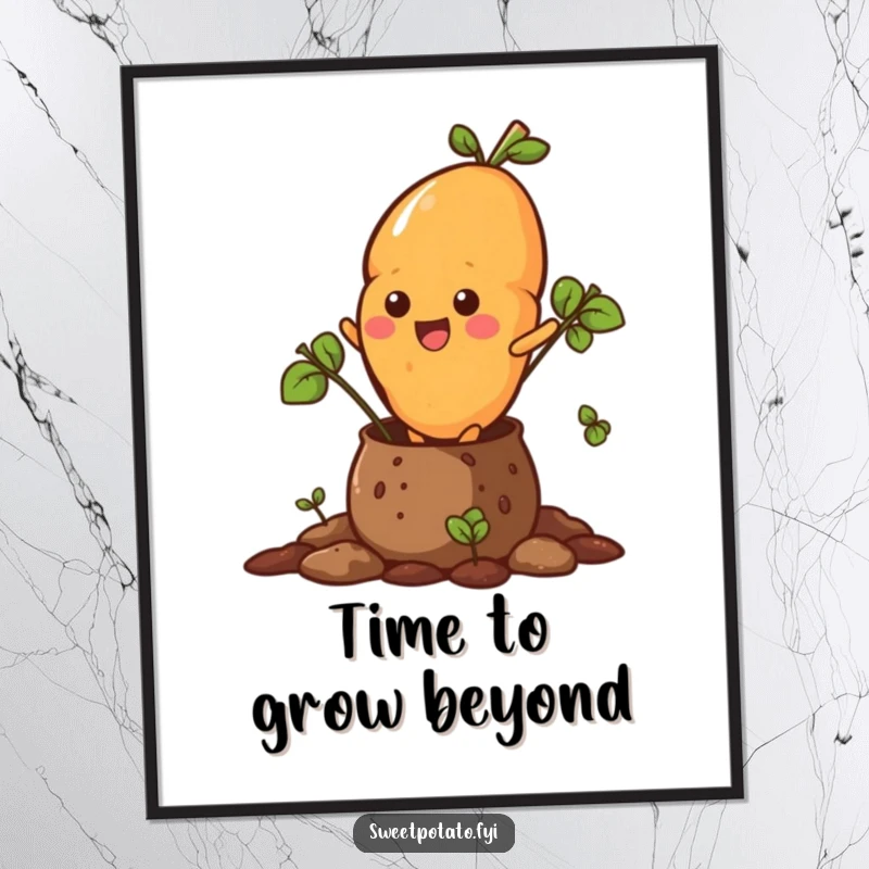 Funny Free Printable Wall Art showcasing a sweet potato character making a dramatic exit, bursting out of a soil pot.