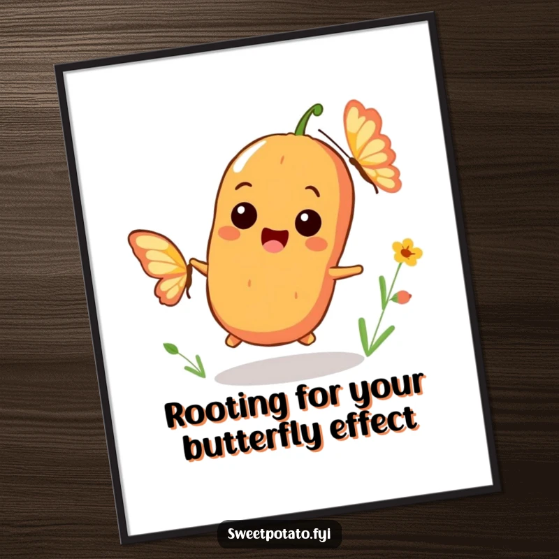 Funny Free Printable Wall Art: A playful sweet potato character beams with a huge smile while chasing a delicate, fluttering butterfly.