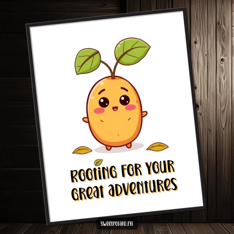 Funny free printable wall art of a sweet potato character with a comical expression reacting to a falling autumn leaf.