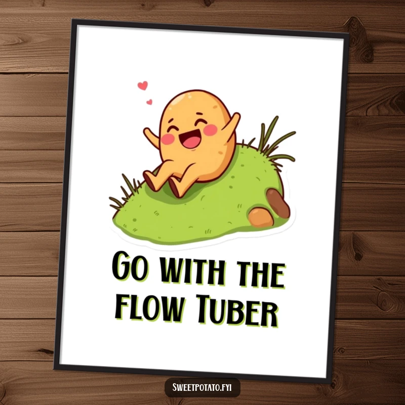 Funny Free Printable Wall Art: A giggling sweet potato character slides down a grassy hill with pure enthusiasm and joy.