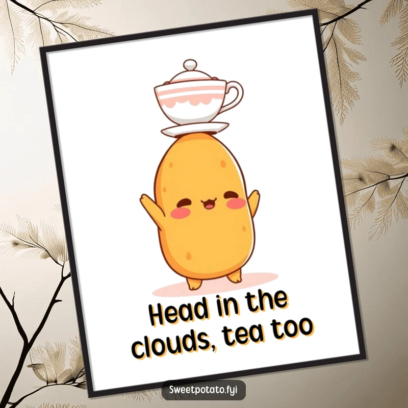 Funny Free Printable Wall Art: A sweet potato is skillfully attempting to balance a miniature teacup on its head with great concentration.