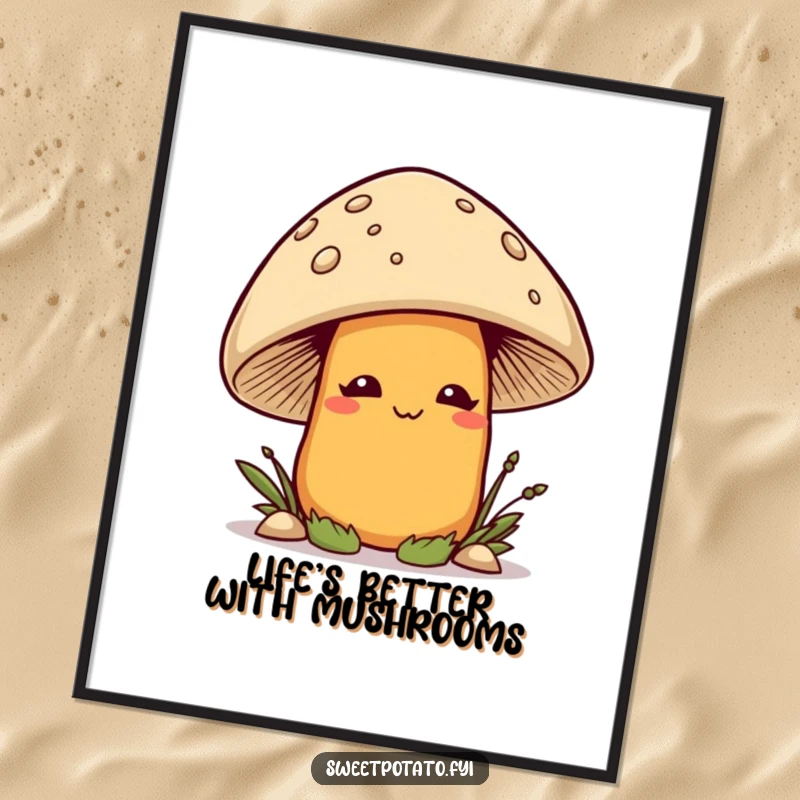 Funny Free Printable Wall Art: A smirking sweet potato character playfully peeks from behind a large mushroom, adding charm.