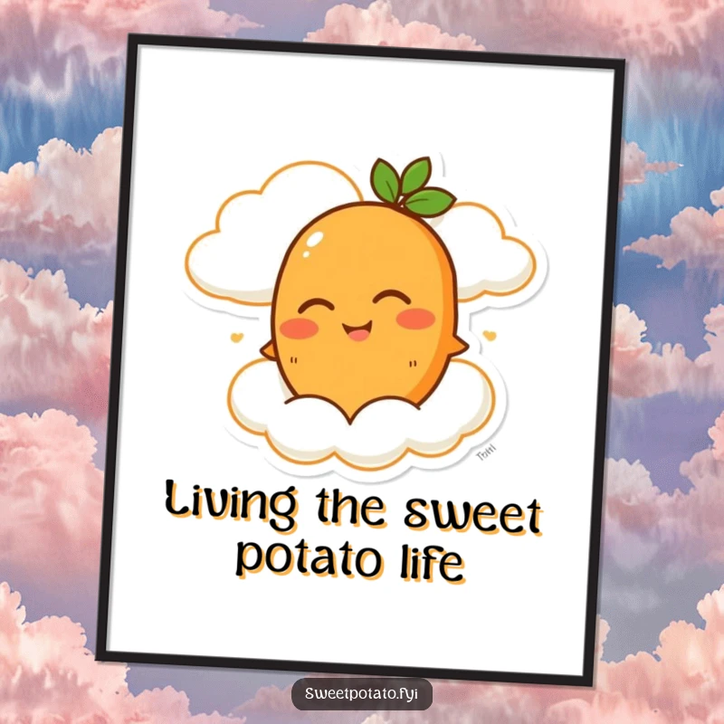 Funny Free Printable Wall Art: Depicts a winking sweet potato character blissfully soaring through the sky on the back of a happy cloud.