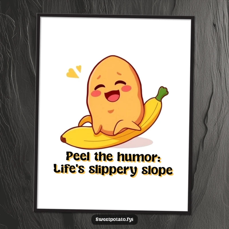 Funny Free Printable Wall Art: A sweet potato character slipping dramatically on a banana peel, laughing heartily.