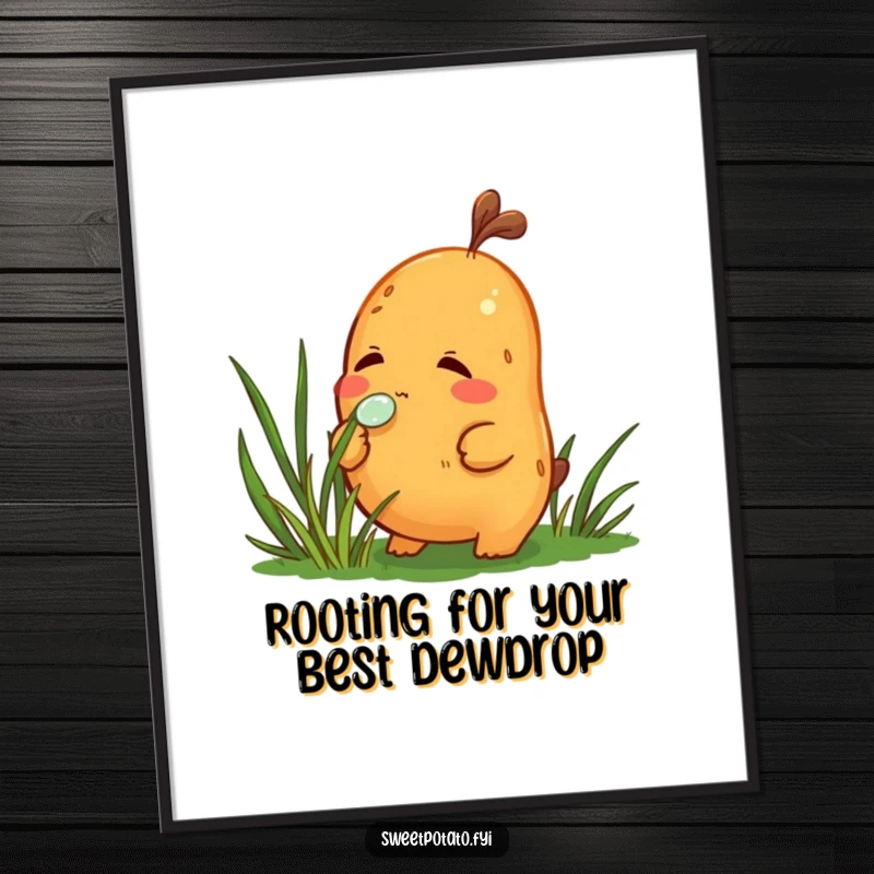 Funny Free Printable Wall Art: A curious sweet potato character leans in to sniff a delicate dewdrop perched upon a blade of grass.