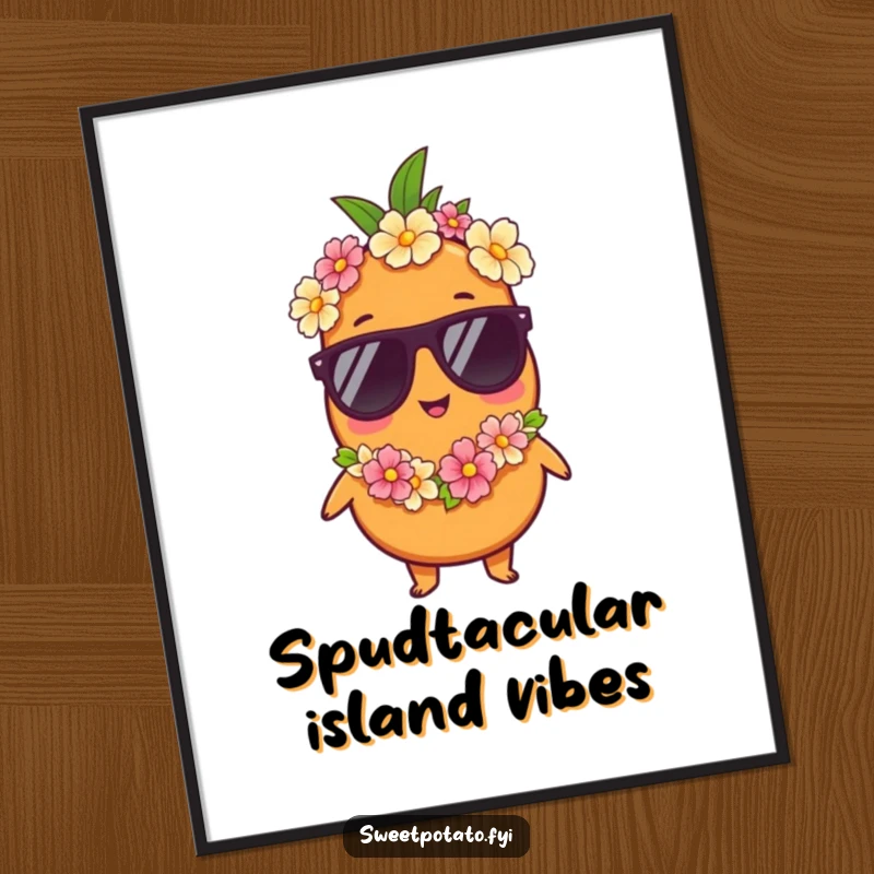 Funny Free Printable Wall Art: Sweet potato character rocks sunglasses and a lei, radiating cool and relaxed vacation vibes.