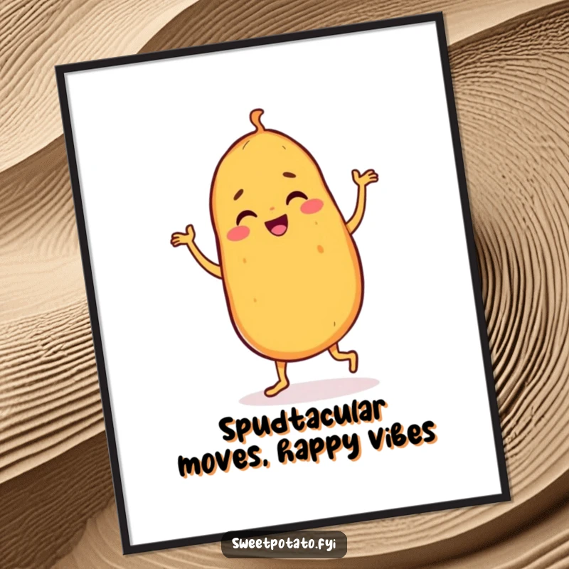 Funny Free Printable Wall Art: A sweet potato character doing a joyful jig, full of energy and humor, perfect for lively decor.