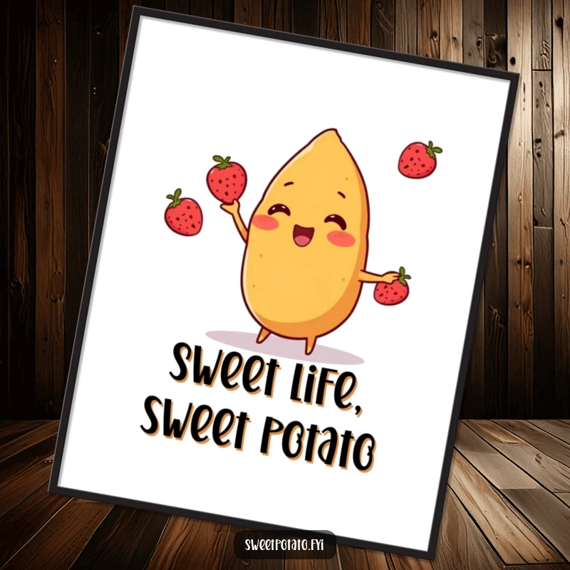 Funny Free Printable sweet potato character juggling berries cheerfully, creating a whimsical and amusing art piece.