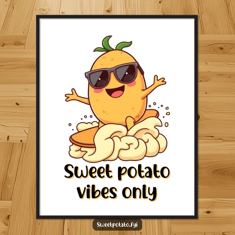 Funny Free Printable Wall Art: Happy sweet potato wearing oversized sunglasses grins while surfing mashed potato wave, cool surfer decor, downloadable art.