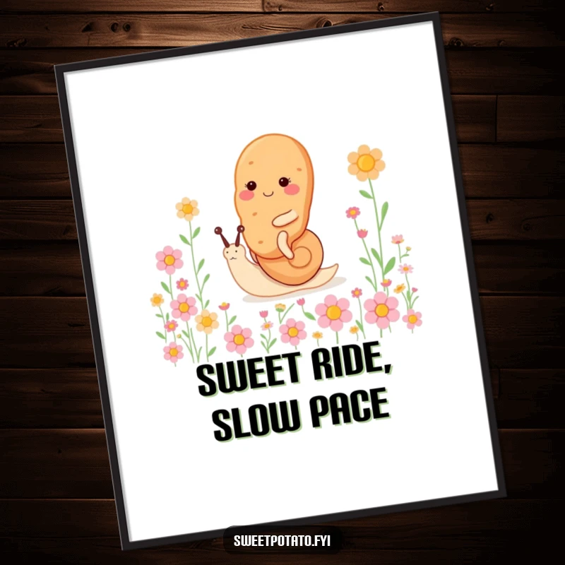 Funny Free Printable Wall Art: A sweet potato character happily riding a tiny snail through a vibrant field of flowers, capturing gentle joy.