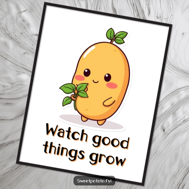 Funny Free Printable Wall Art: A sweet potato character gently holds a tiny sprout, representing potential, growth, and new beginnings.
