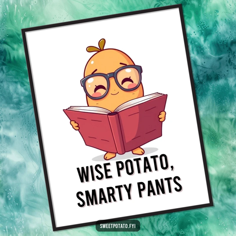 Funny Free Printable Wall Art: A sweet potato wearing oversized glasses reads a giant book, looking very intelligent and studious.