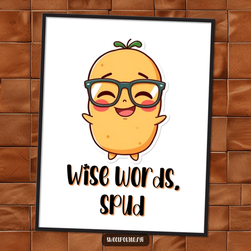 Funny Free Printable Wall Art of a sweet potato character sporting eyeglasses and caught in a delightful giggle. Intellectual fun.