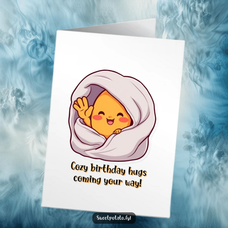 Funny free printable birthday card featuring a sweet potato character peeking out from a cozy blanket, happily waving hello.