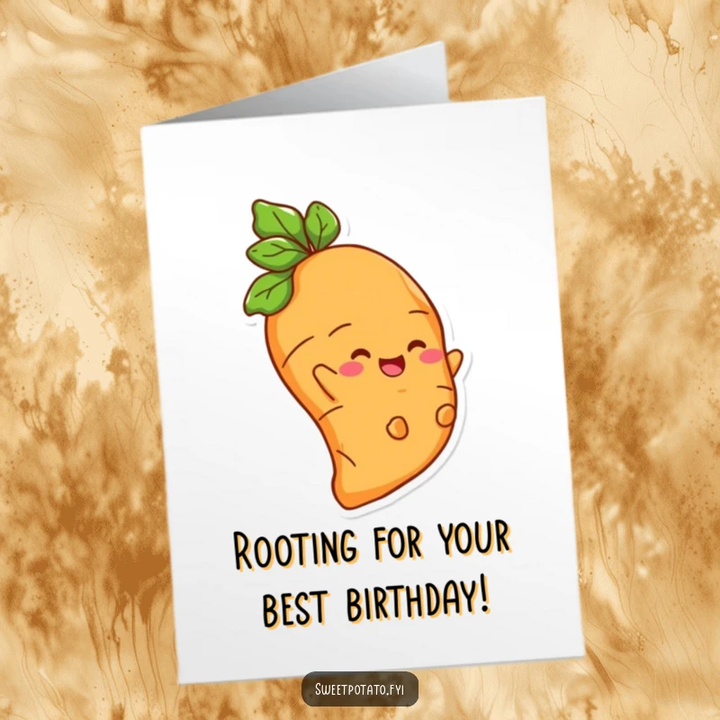 Funny Free Printable Birthday Card: Delighted Sweet Potato character joyfully sliding down a root with a huge smile.