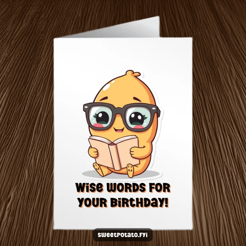 Funny Free Printable Birthday Card: Giggling Sweet Potato character with oversized glasses engrossed in reading a book.