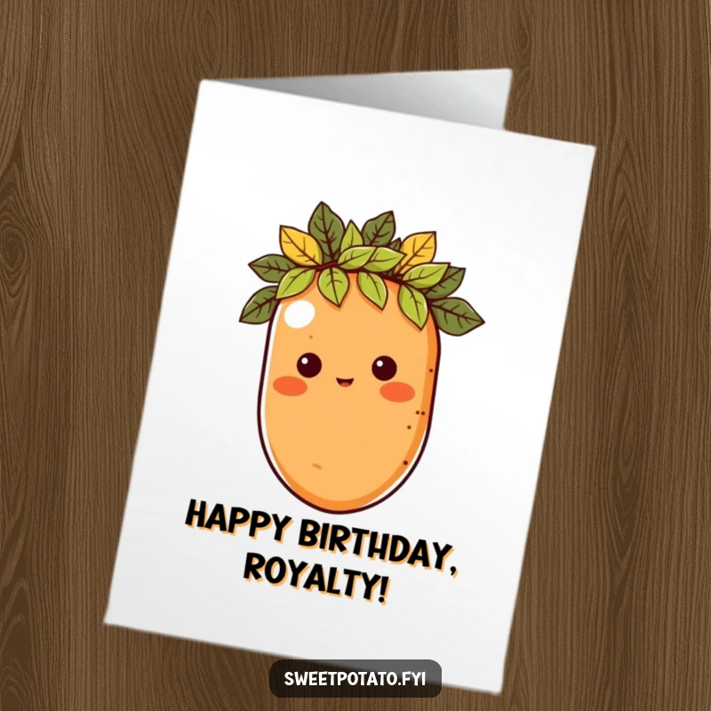 Funny Free Printable Birthday Card: A sweet potato character wears a crown of lush leaves, exuding regal charm and birthday wishes.
