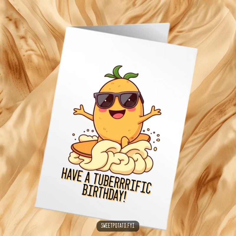 Funny Free Printable Birthday Card: Happy sweet potato wearing sunglasses surfing mashed potato wave, cool birthday vibes, perfect downloadable art.