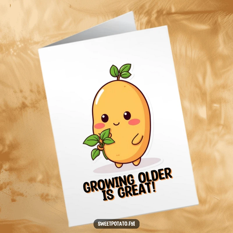 Funny Free Printable Birthday Card: A sweet potato character tenderly holds a tiny sprout, symbolizing growth and new beginnings.