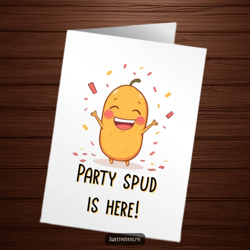 Funny Free Printable Birthday Card: A sweet potato character throwing a huge amount of confetti with an ecstatic, wide grin.