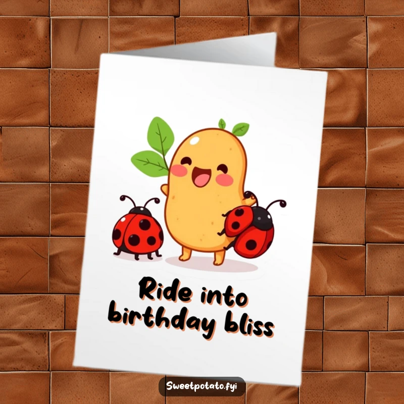 Funny Free Printable Sweet Potato Birthday Card: a sweet potato excitedly tries to ride a ladybug, a comical and adventurous duo.
