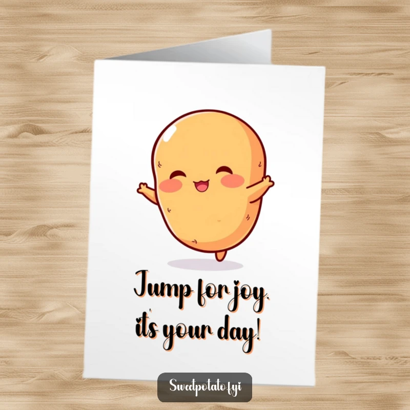 Funny Free Printable Birthday Card featuring a rosy-cheeked sweet potato mid-jump, radiating pure, unadulterated joy and excitement.