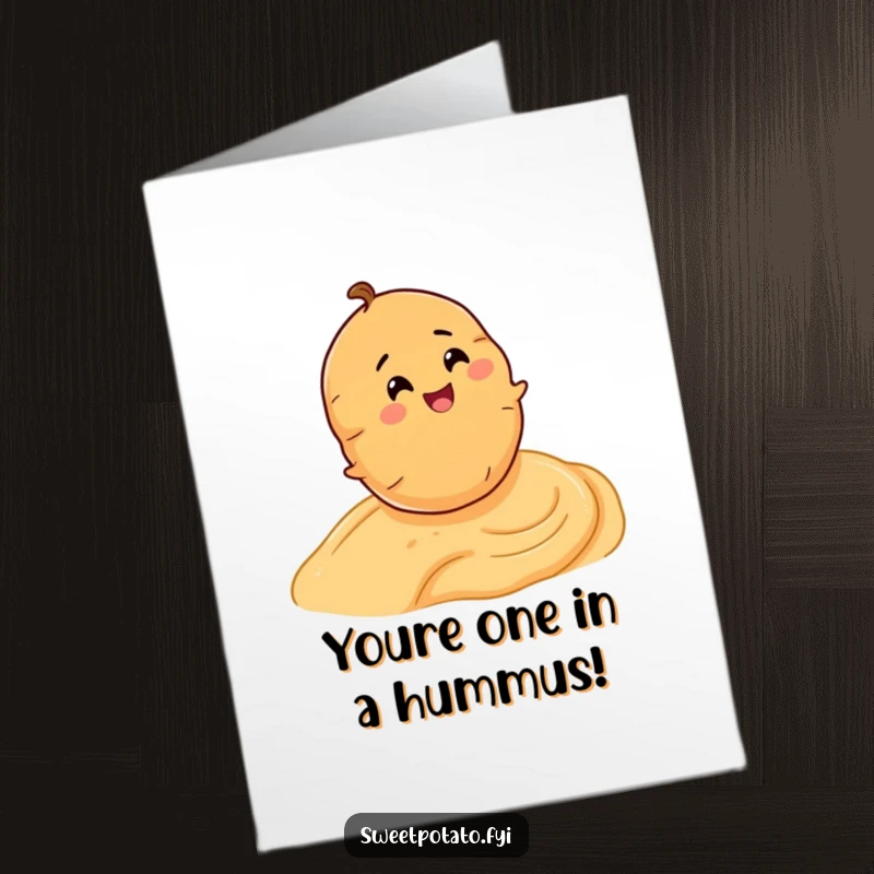 Funny Free Printable Birthday Card: Smiling sweet potato joyfully rolls down a hummus slope, expressing pure delight.