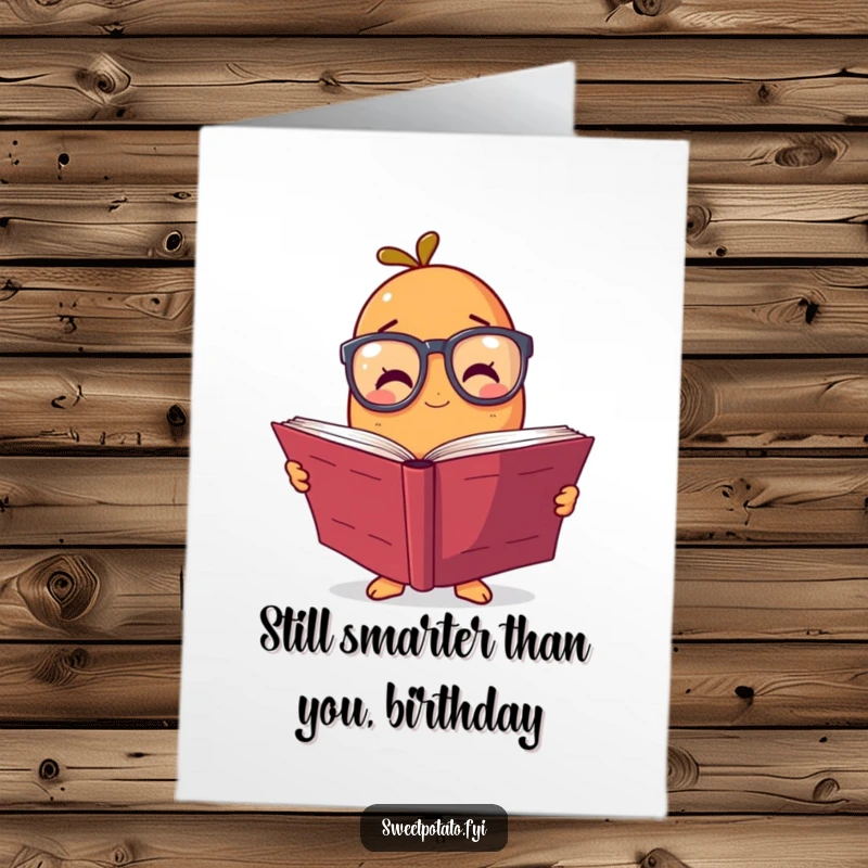 Funny Free Printable Birthday Card: Sweet potato wearing big glasses intently reading a large book, celebrating knowledge.