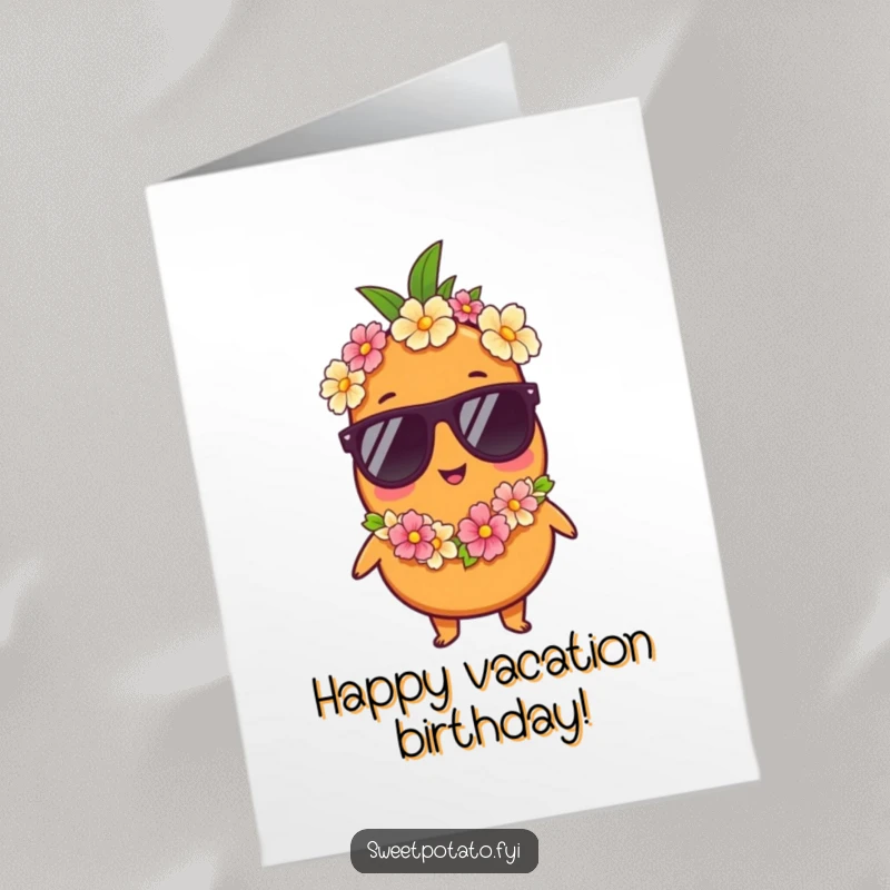 Funny Free Printable Birthday Card: Sweet potato character wearing sunglasses and a lei, embodying pure vacation relaxation.