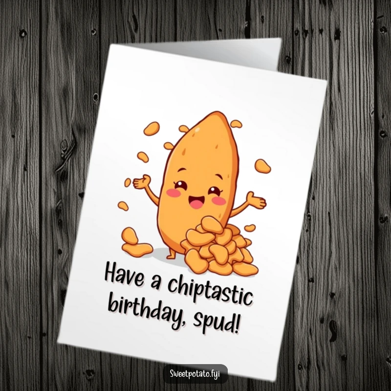 Funny Free Printable Birthday Card: Sweet potato character proudly presenting a giant pile of sweet potato chips.