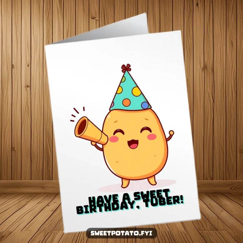 Funny Free Printable Birthday Card: A happy sweet potato in a party hat joyfully blows a party horn.