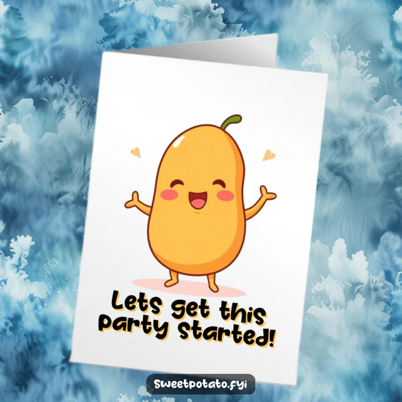 Funny Free Printable Birthday Card: A jubilant sweet potato character busts a move in a happy dance, radiating pure birthday excitement.