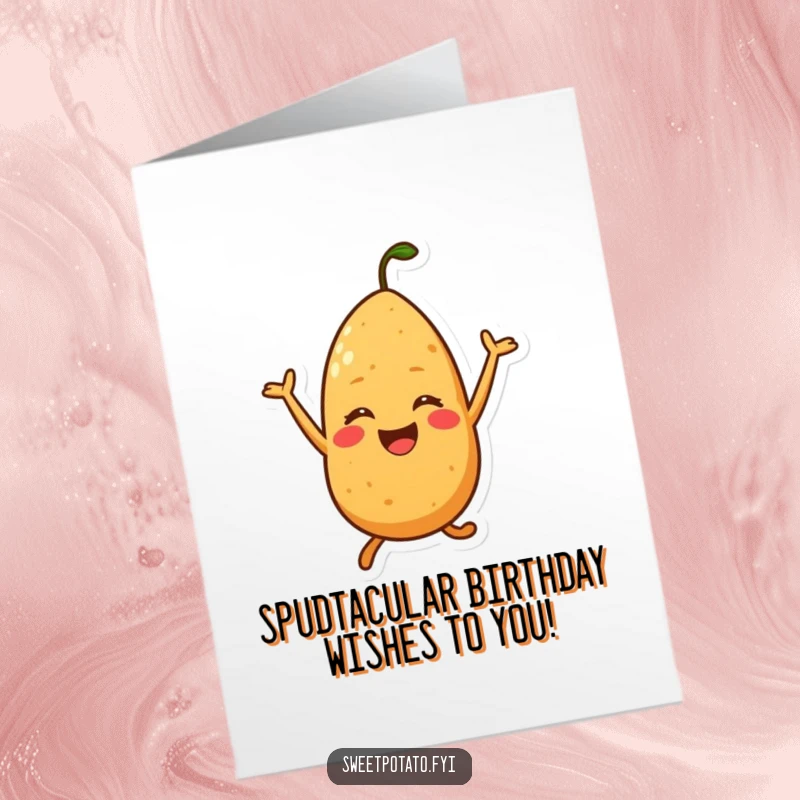 Funny free printable birthday card with a joyful sweet potato character mid-air doing a silly jump, exuding pure happiness.