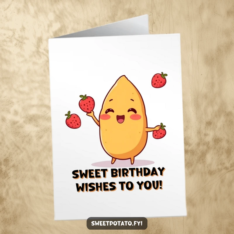 Funny Free Printable sweet potato character cheerfully juggling three small berries for a birthday celebration.